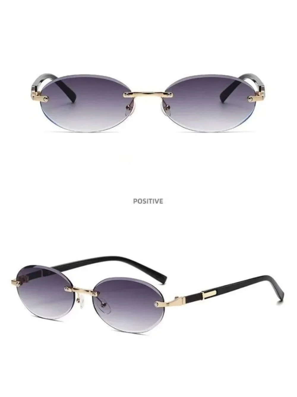 Oval Rimless Grey Lens Sunglasses With Gold & Black Metal Frame